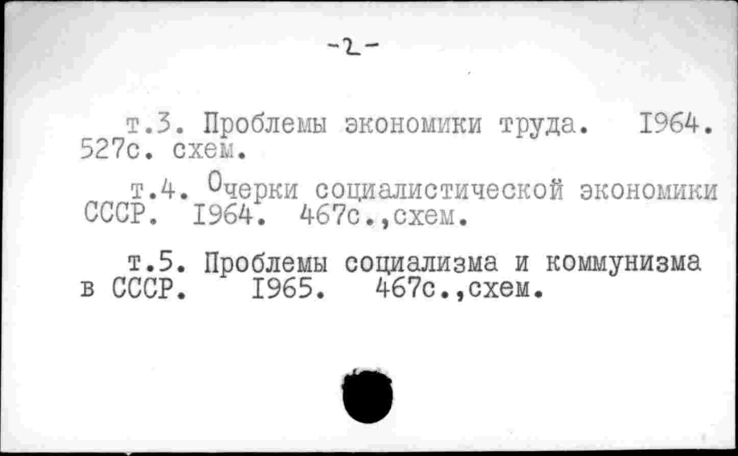 ﻿т.З. Проблемы экономики труда. 1964. 527с. схем.
т.4. 0черКИ социалистической экономики СССР. 1964. 467с.,схем.
т.5. Проблемы социализма и коммунизма в СССР. 1965.	467с.,схем.